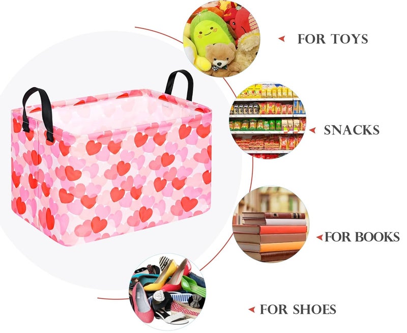 FUULOXE Rectangular Valentines Basket Storage Bin for Shelves Girls Gifts Baskets Foldable Box with Handles for Home Office Car Dormroom Valentine's Day Party Supplies - Image 3